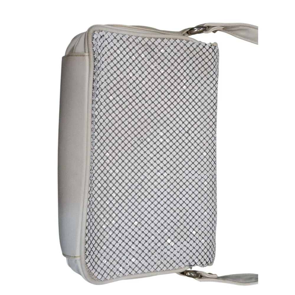 Vintage 70s Whiting & Davis White Enamel Metal Mesh Crossbody Shoulder Bag Purse